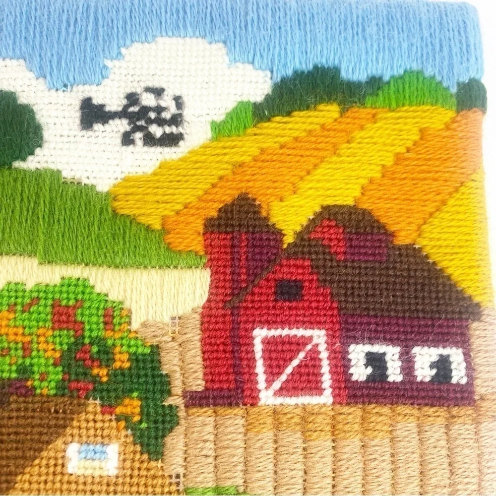 Vtg Retro Crewel Cross-stitch Embroidered Wall Art Farmhouse Ready To Frame 8x10